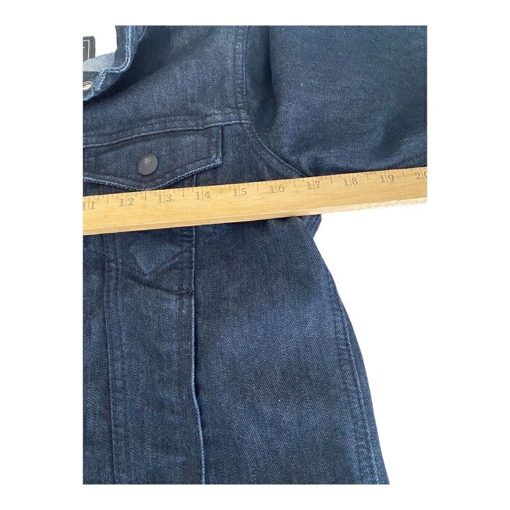 Levis Trucker Jacket with Hide -a- Way Hoodie Size L Dark Blue Logo Snaps Women - Picture 6 of 12